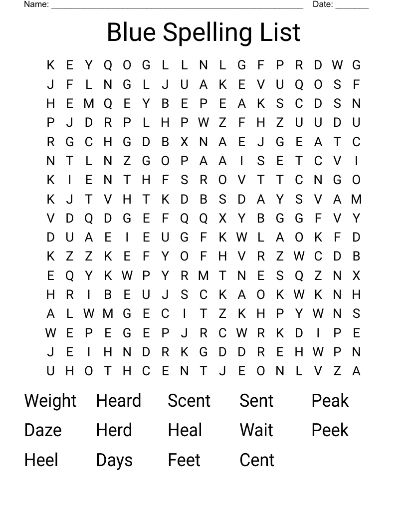 Blue Spelling List Word Search