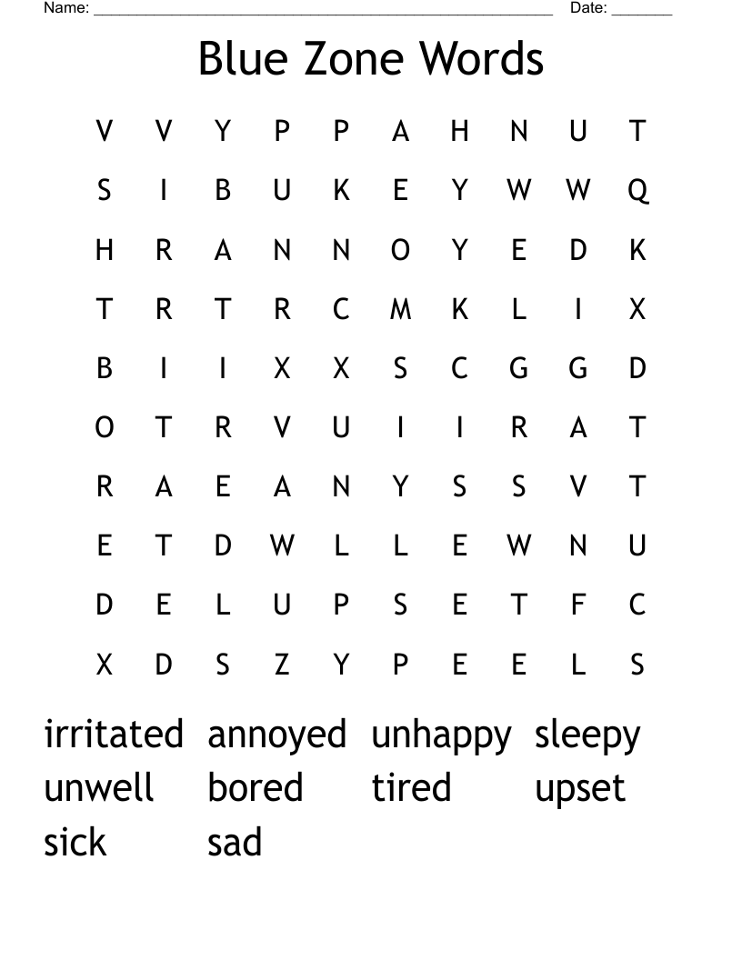 Blue Zone Words Word Search