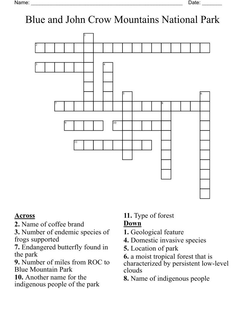 Blue and John Crow Mountains National Park Crossword