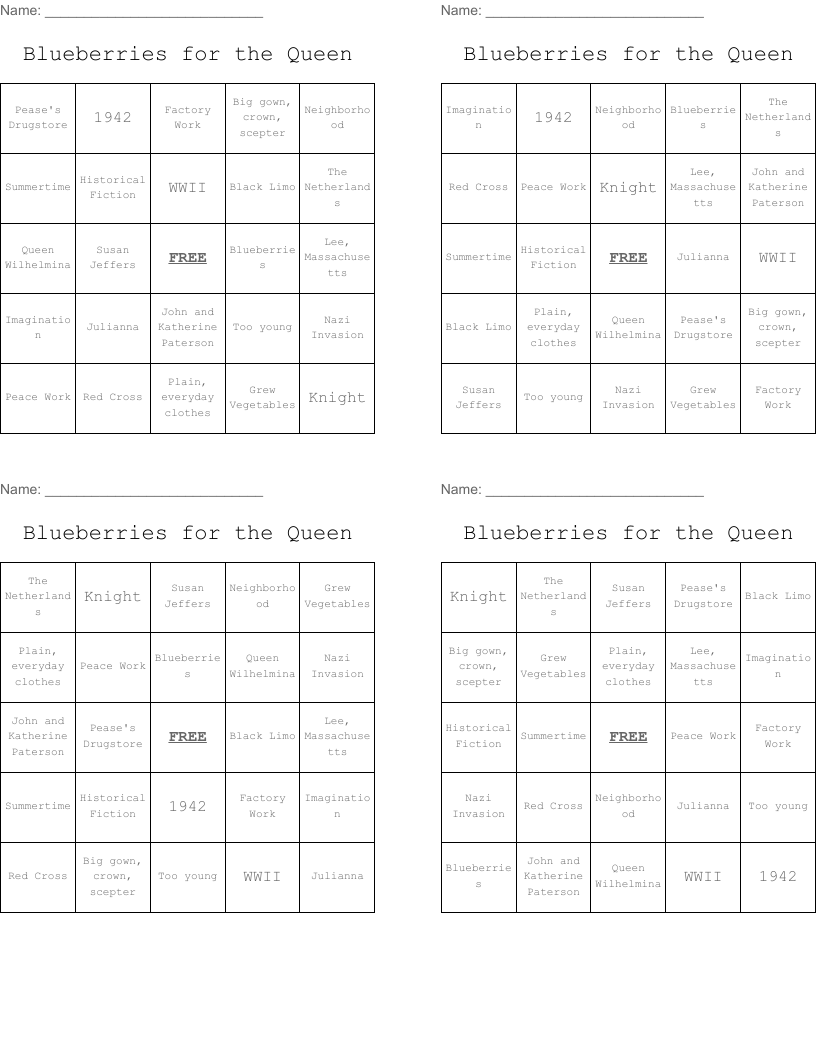 Blueberries for the Queen Bingo Cards