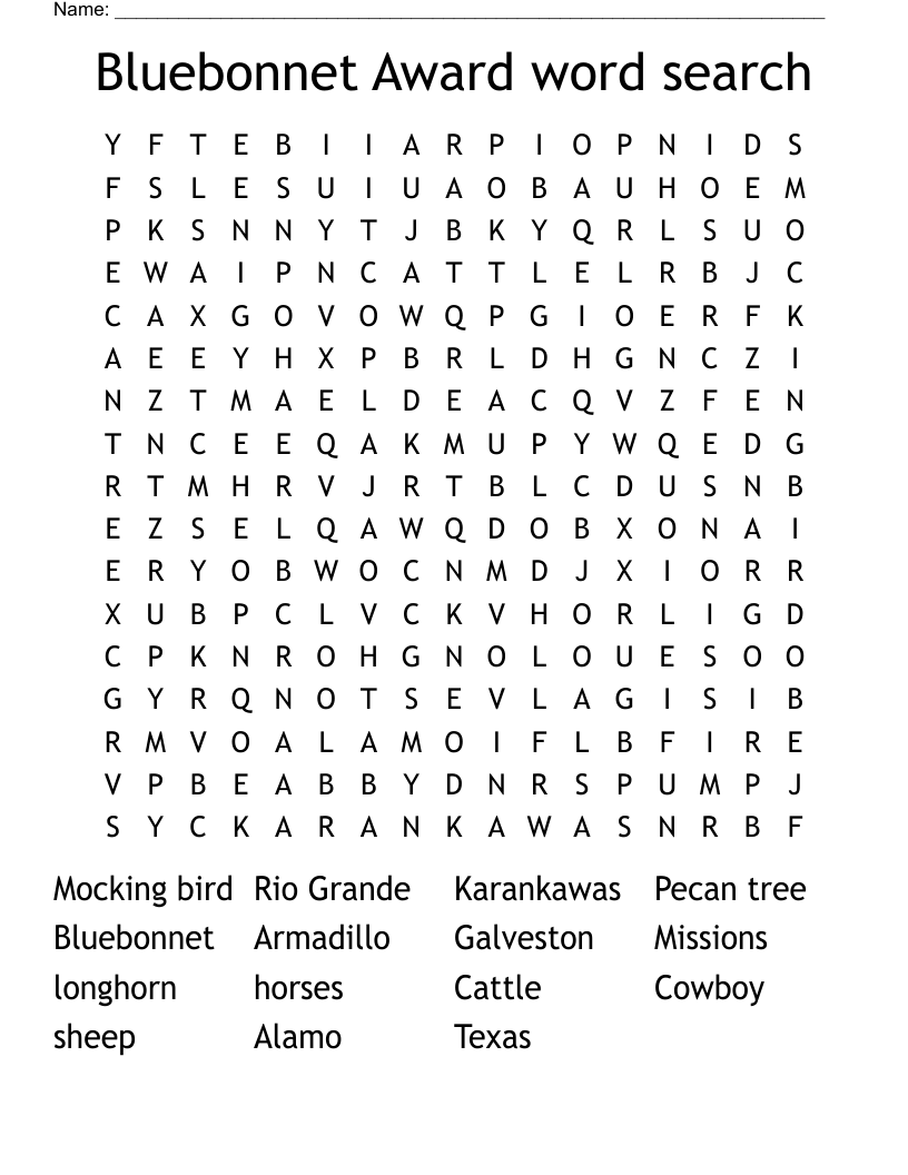 Bluebonnet Award word search