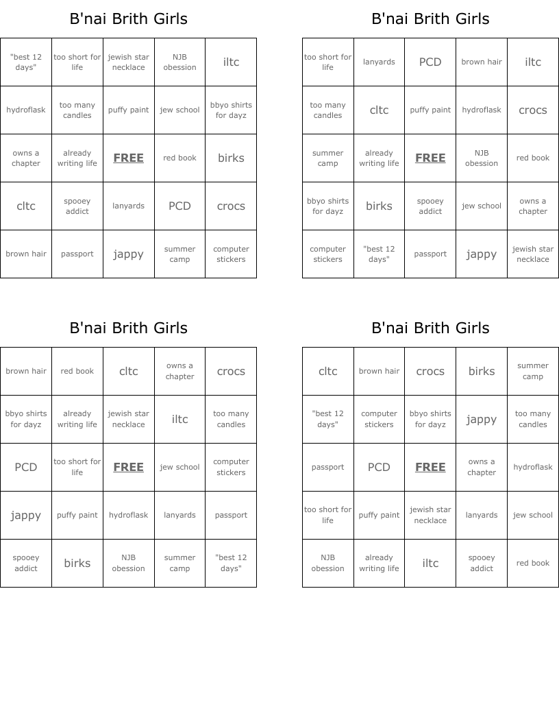 B'nai Brith Girls Bingo Cards