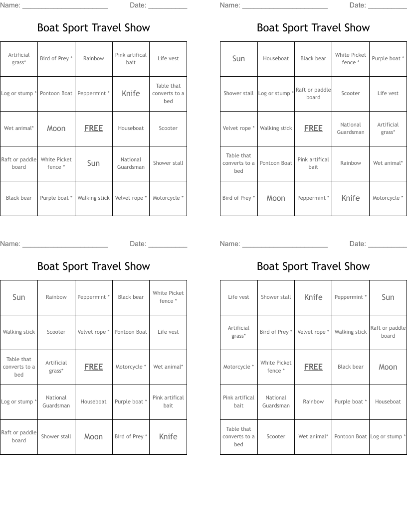 Boat Sport Travel Show Bingo Cards