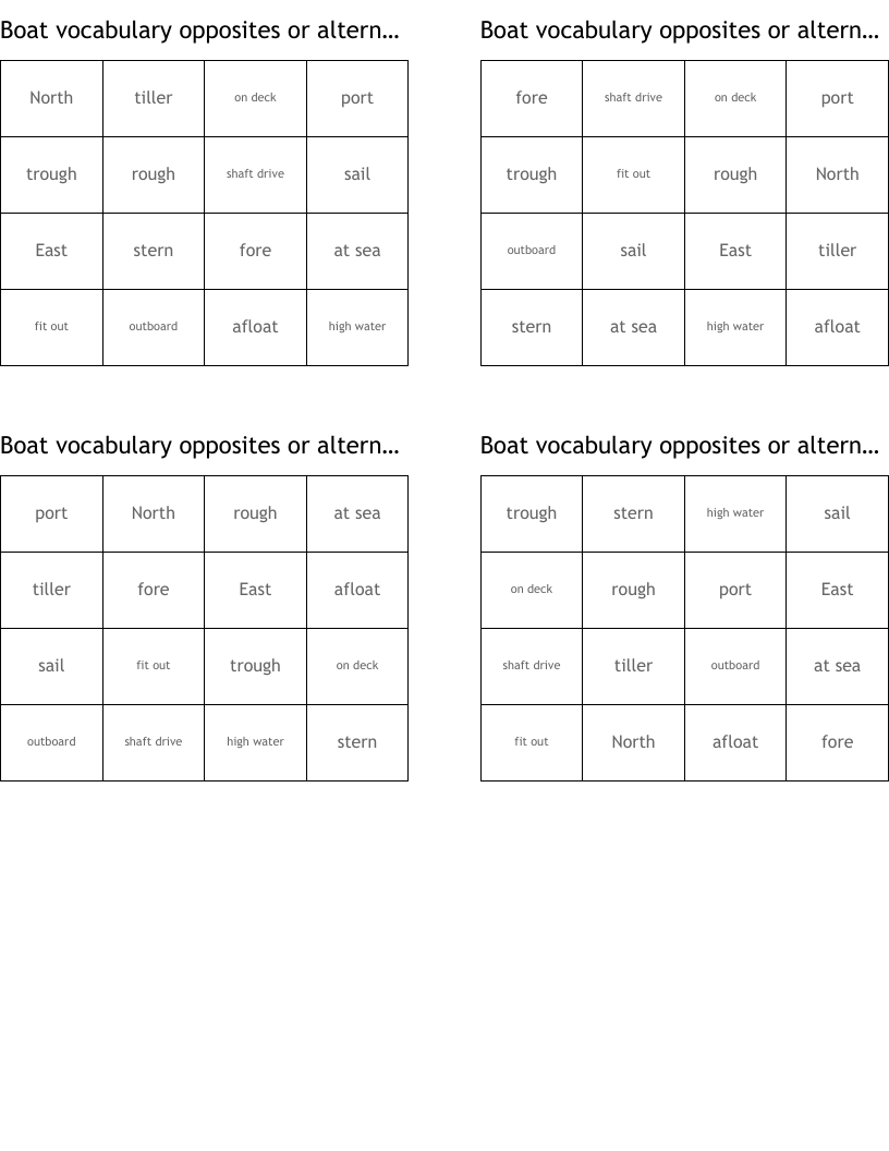 Boat vocabulary opposites or alternatives Bingo Cards