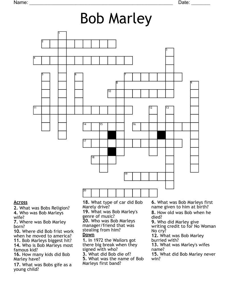 Bob Marley Crossword