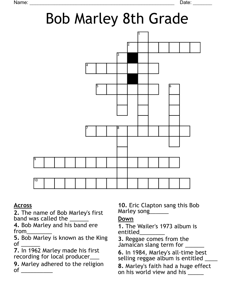 Bob Marley    8th Grade Crossword