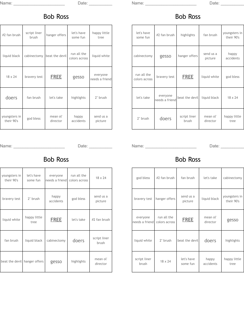 Bob Ross Bingo Cards