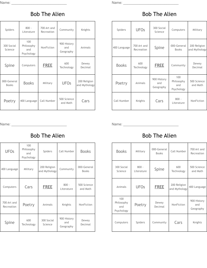 Bob The Alien Bingo Cards