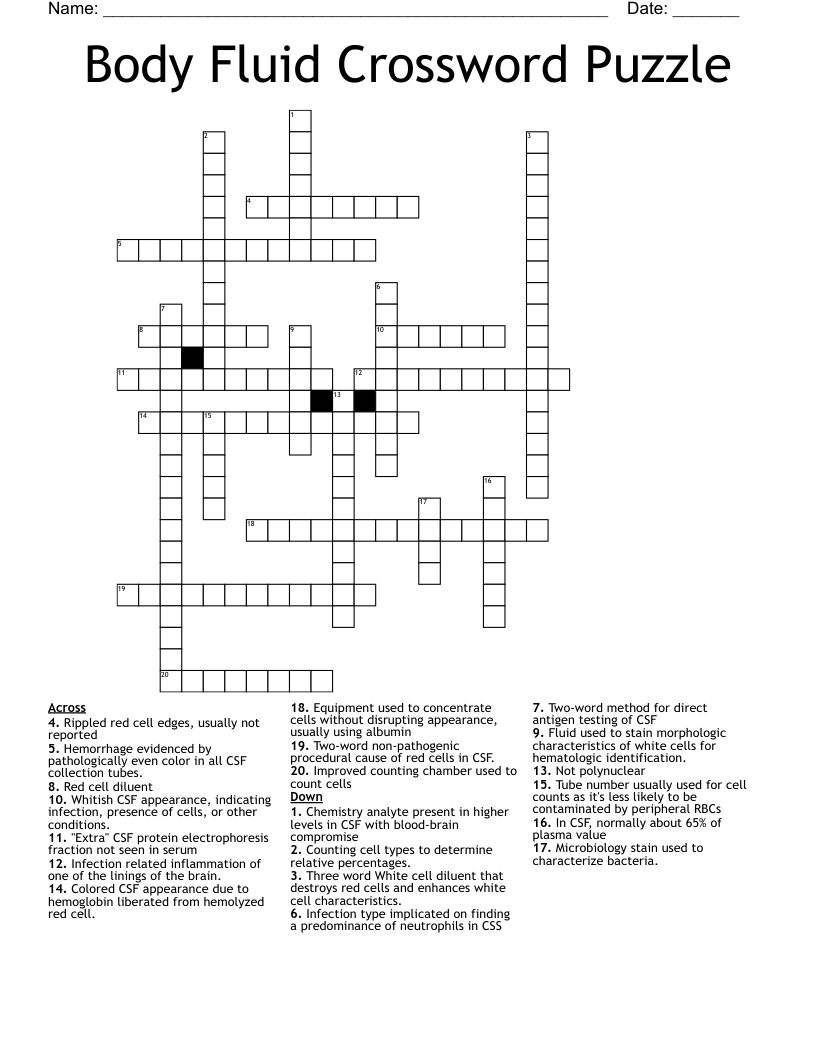 Body Fluid Crossword Puzzle