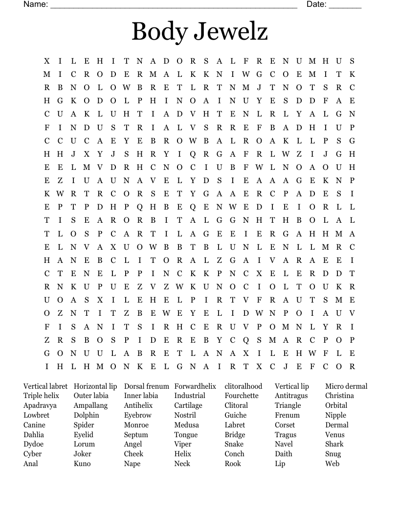 Body Jewelz Word Search