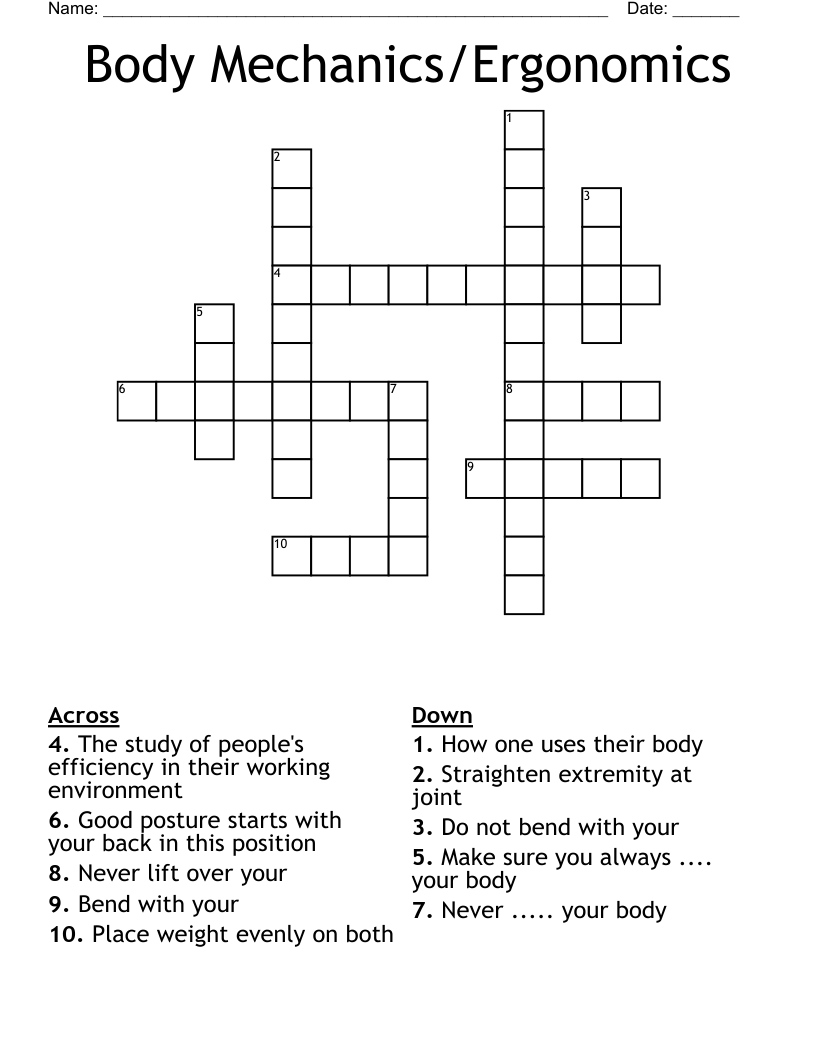Body Mechanics/Ergonomics Crossword