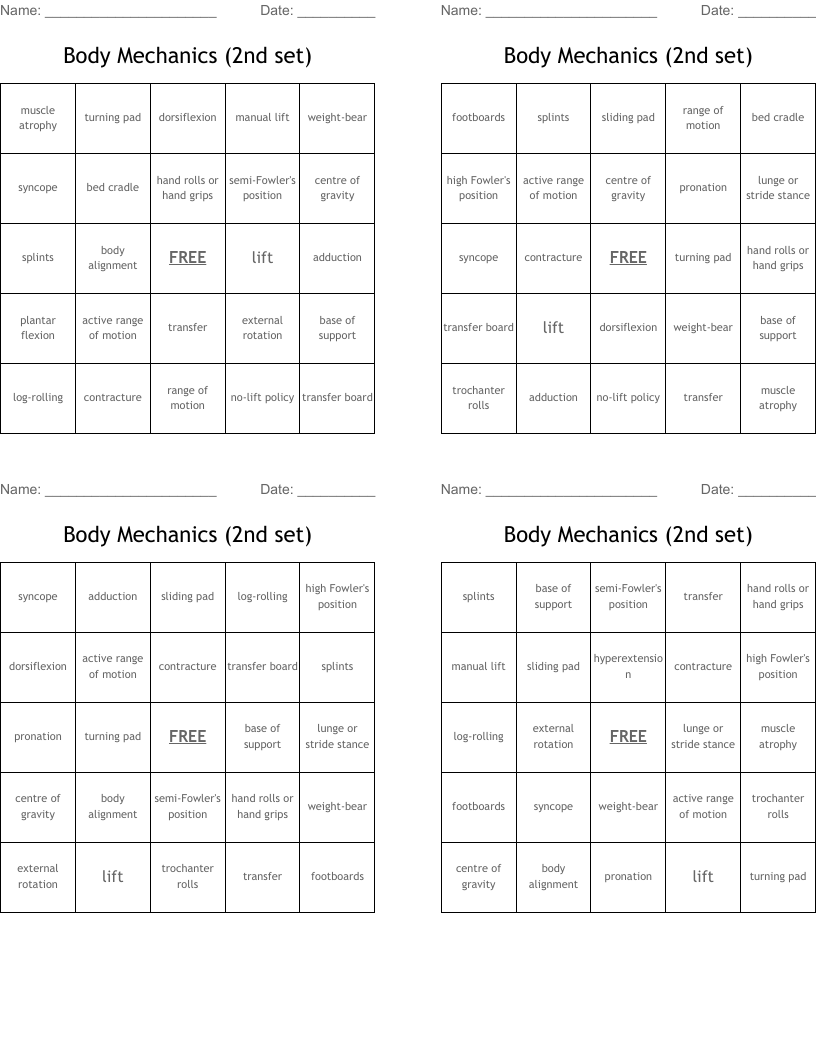 Body Mechanics (2nd set) Bingo Cards
