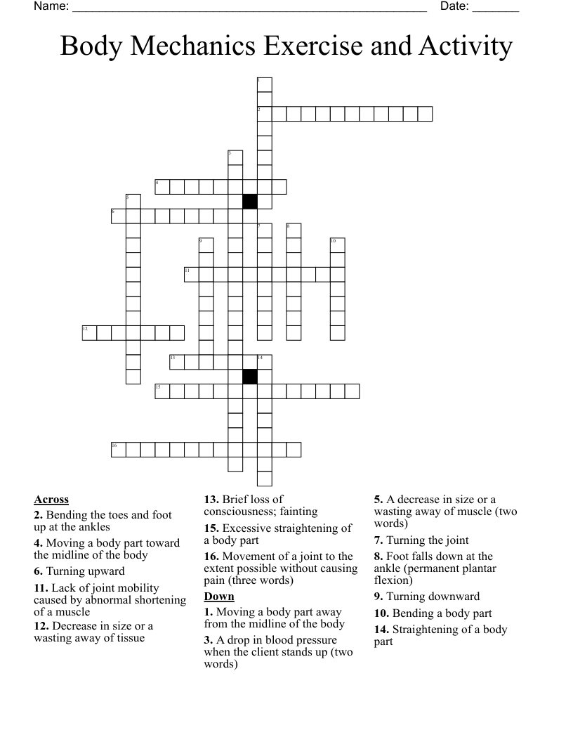 Body Mechanics Exercise and Activity Crossword