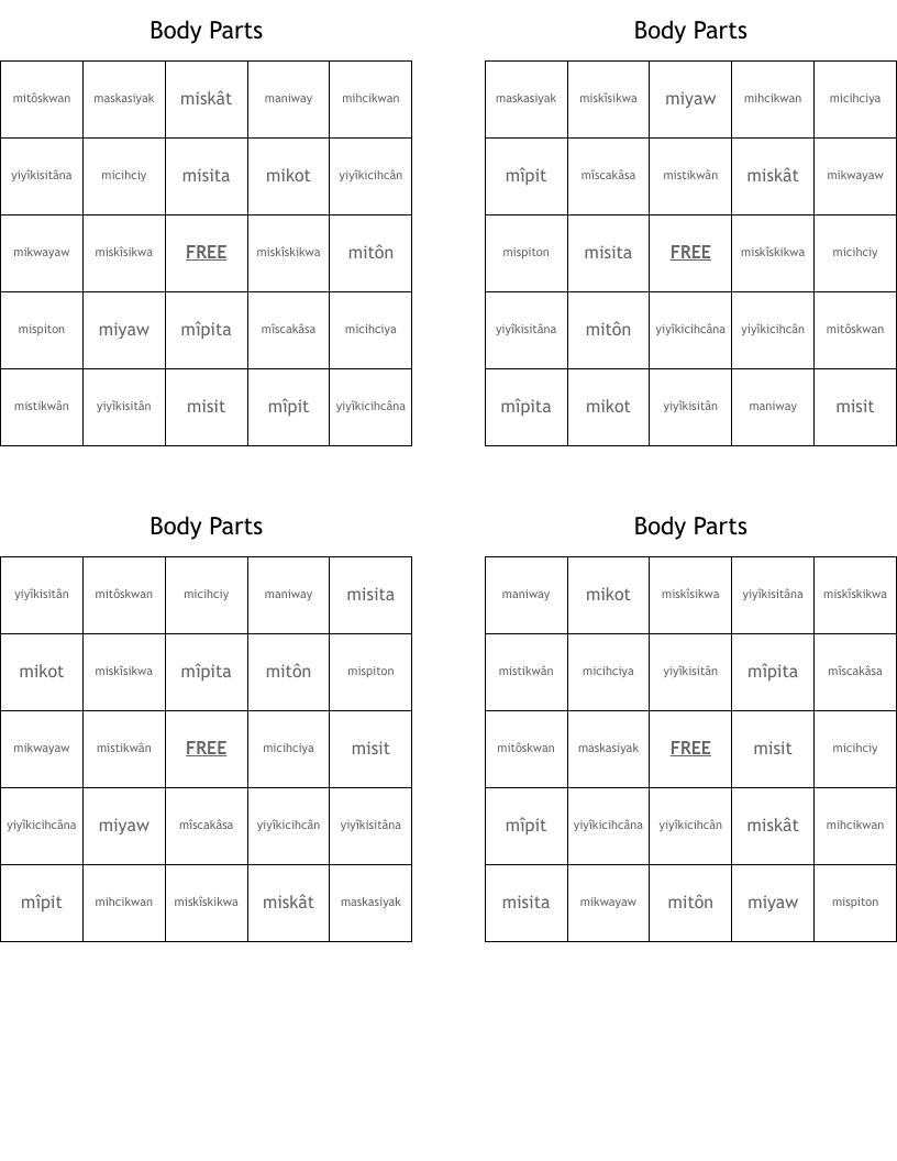 Body Parts Bingo Cards