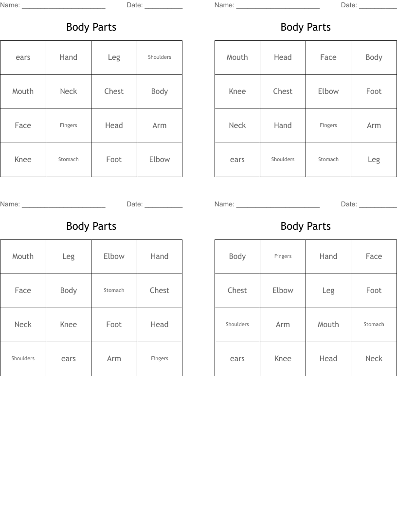 Body Parts Bingo Cards