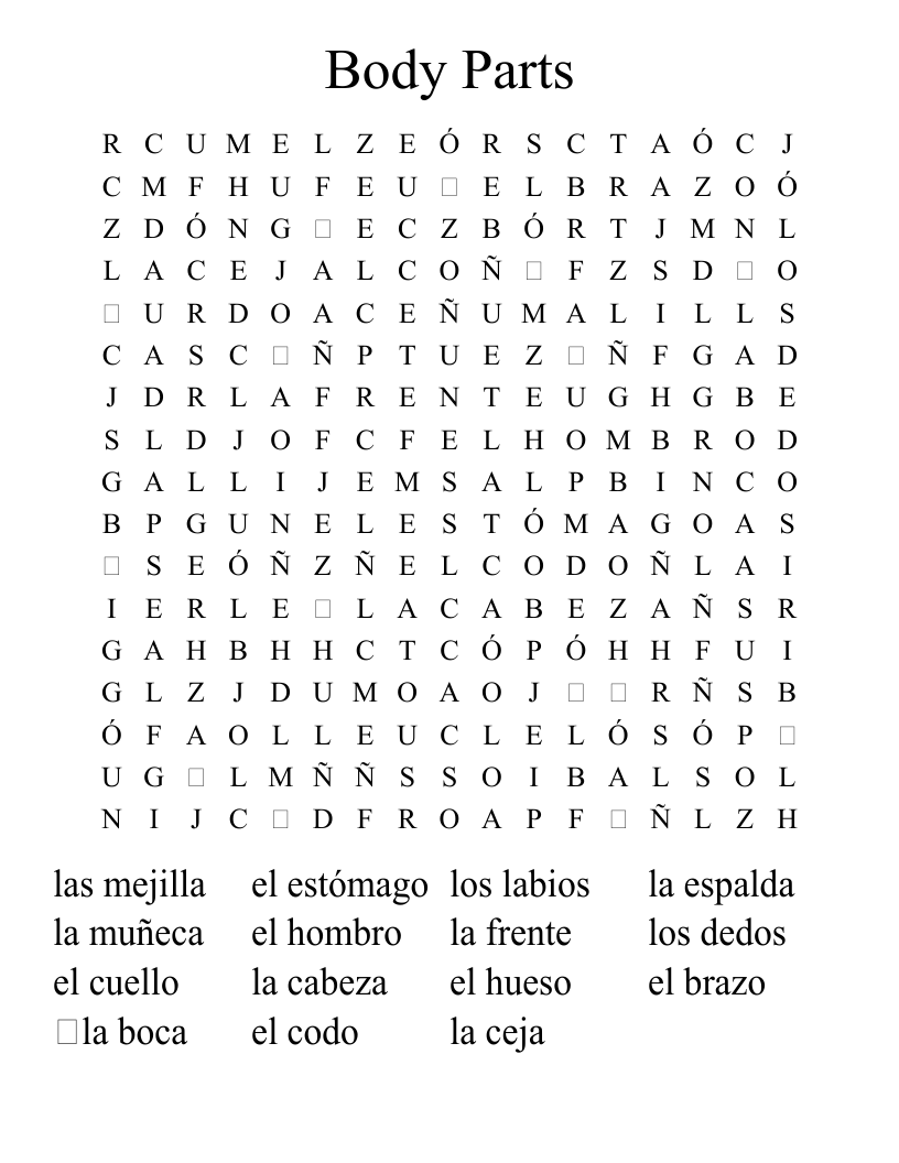 Body Parts Word Search