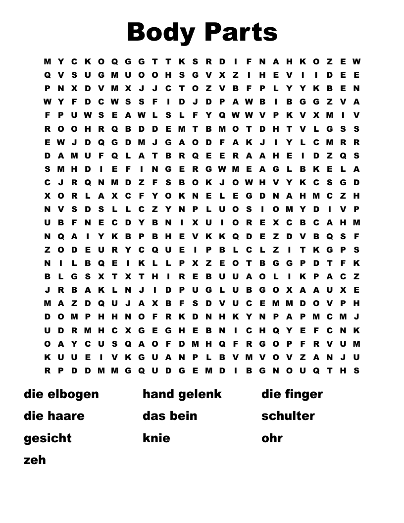 Body Parts Word Search