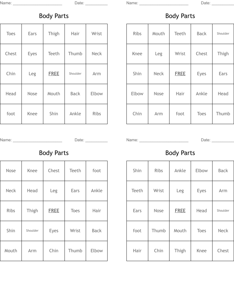 Body Parts Bingo Cards