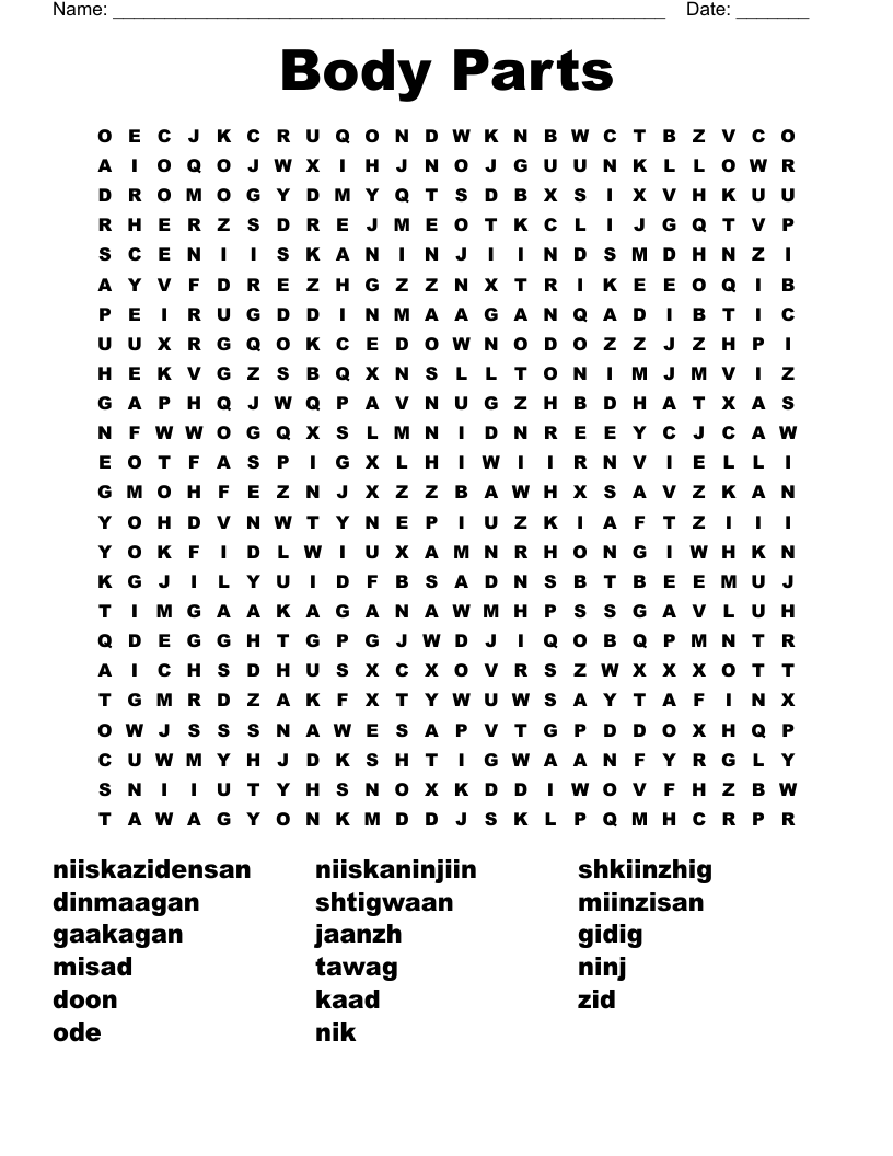 Body Parts Word Search