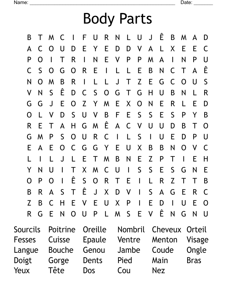 Body Parts Word Search