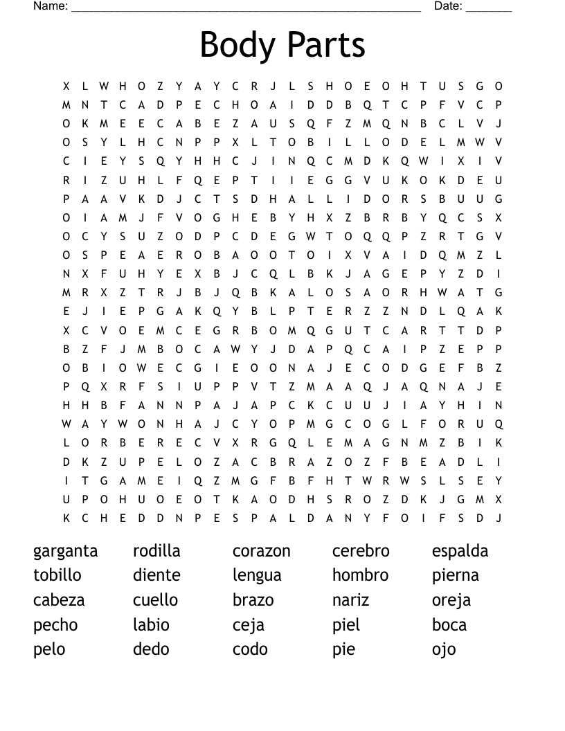 Body Parts Word Search
