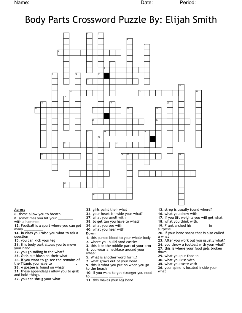 Body Parts Crossword Puzzle By: Elijah Smith