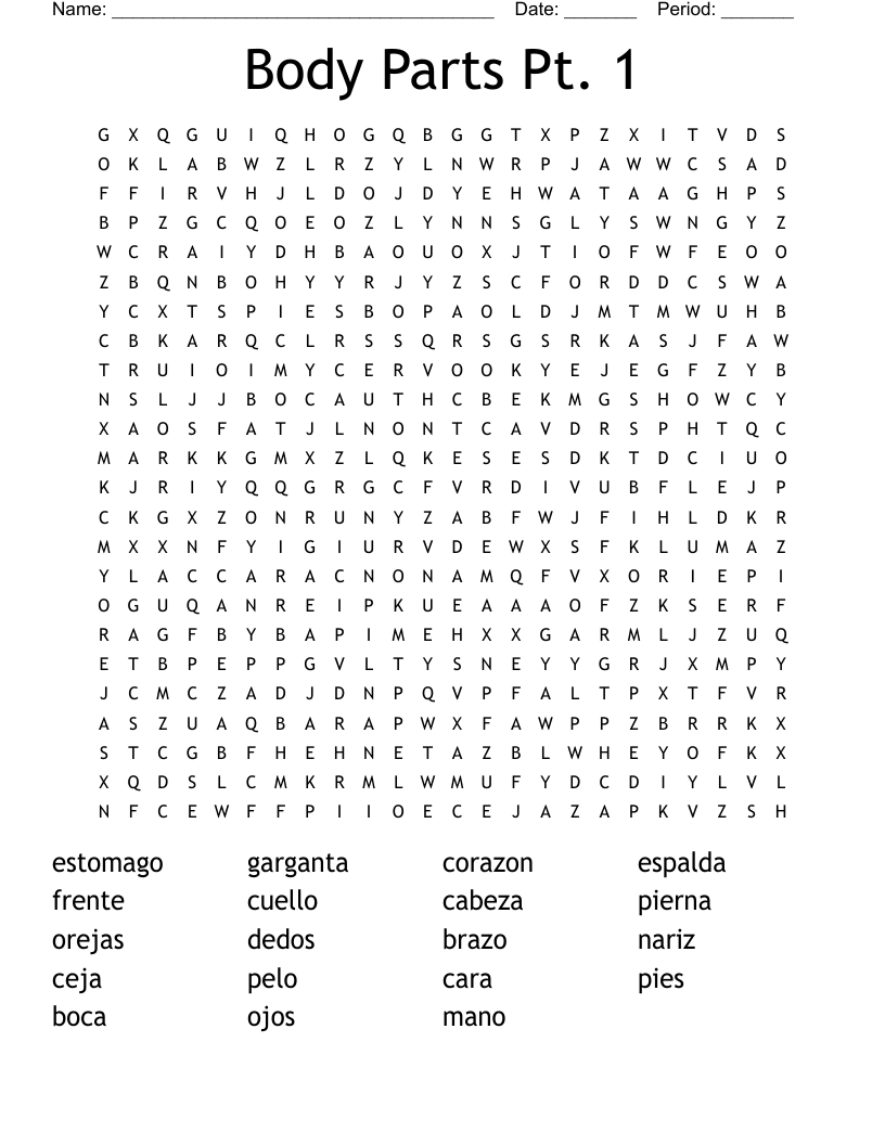 Body Parts Pt. 1 Word Search