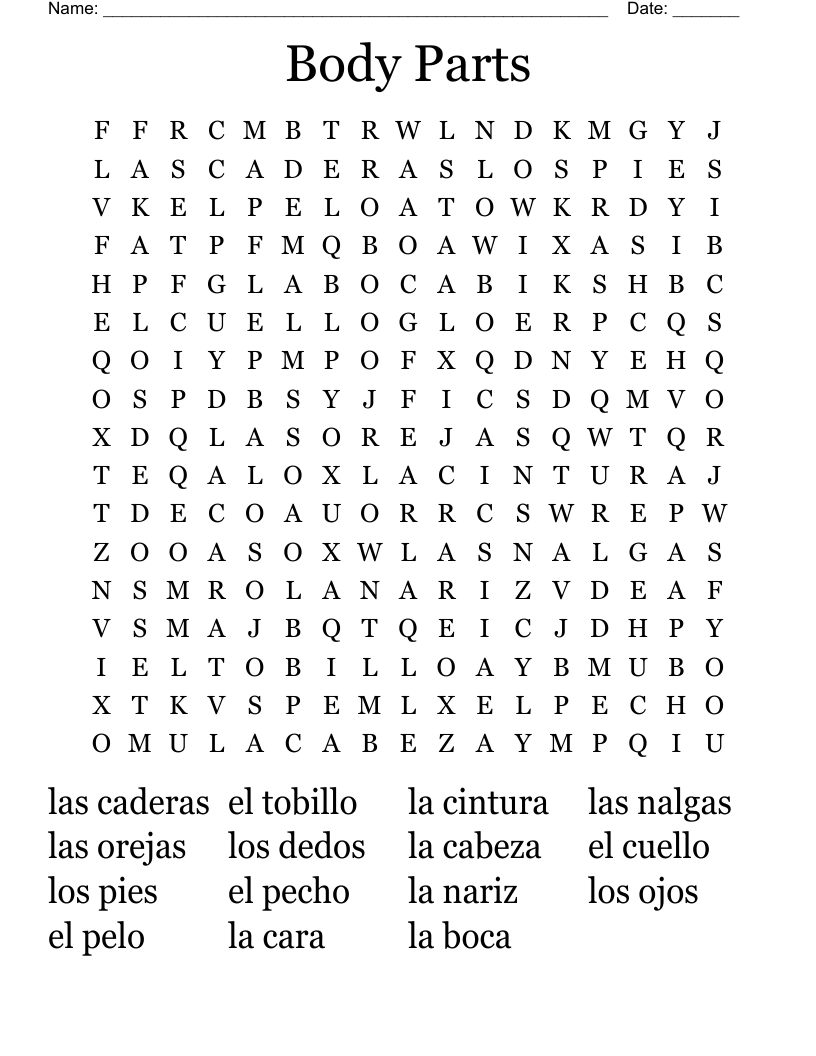 Body Parts  Word Search