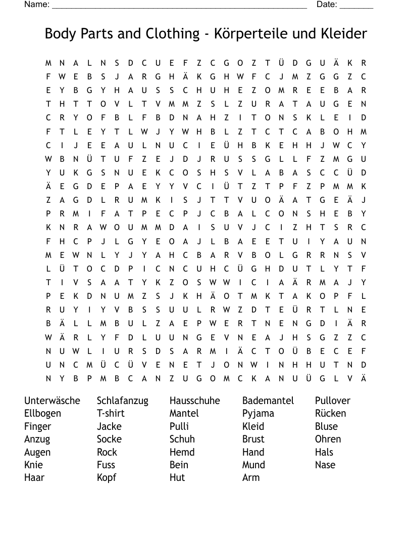 Body Parts and Clothing  - Körperteile und Kleider Word Search