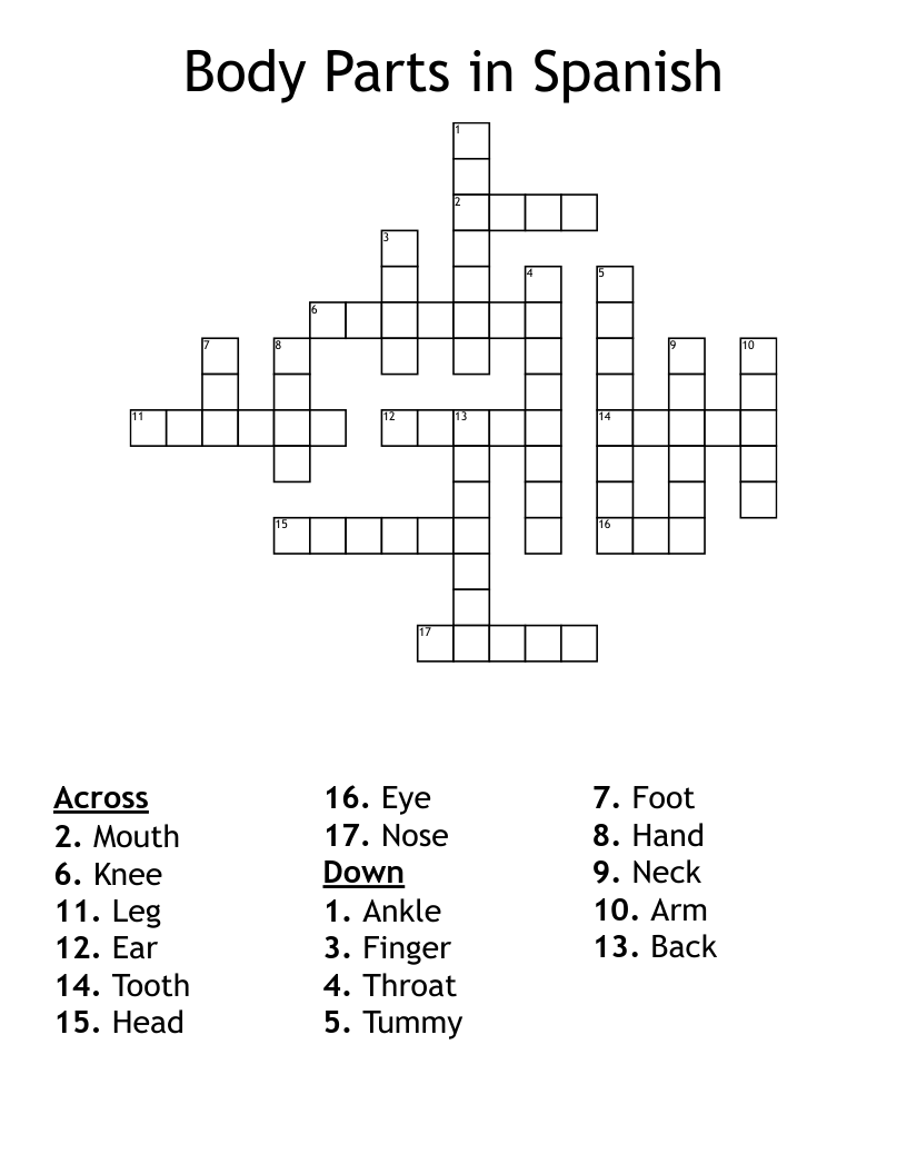 Body Parts in Spanish Crossword