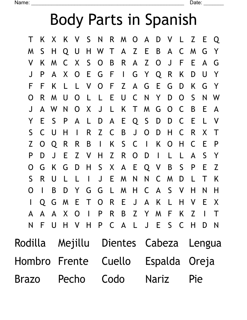 Body Parts in Spanish Word Search