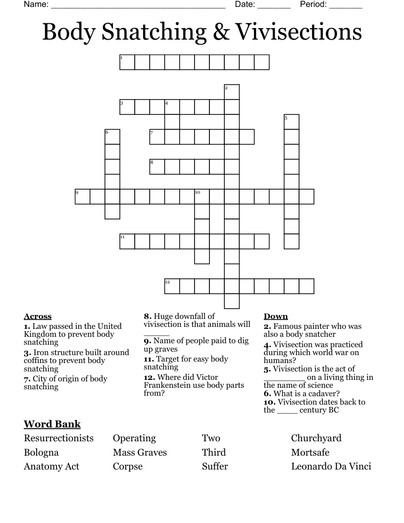 Body Snatching & Vivisections Crossword