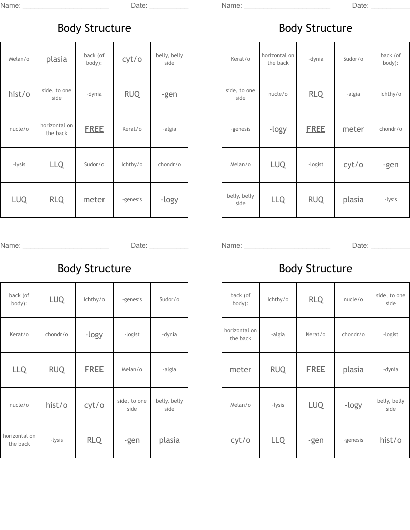 Body Structure Bingo Cards