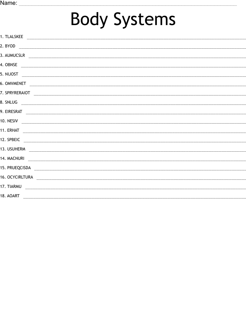Body Systems Word Scramble