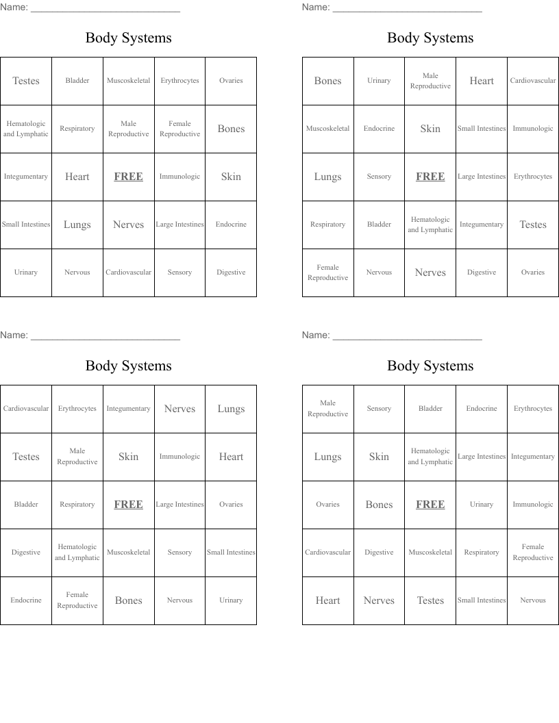 Body Systems Bingo Cards