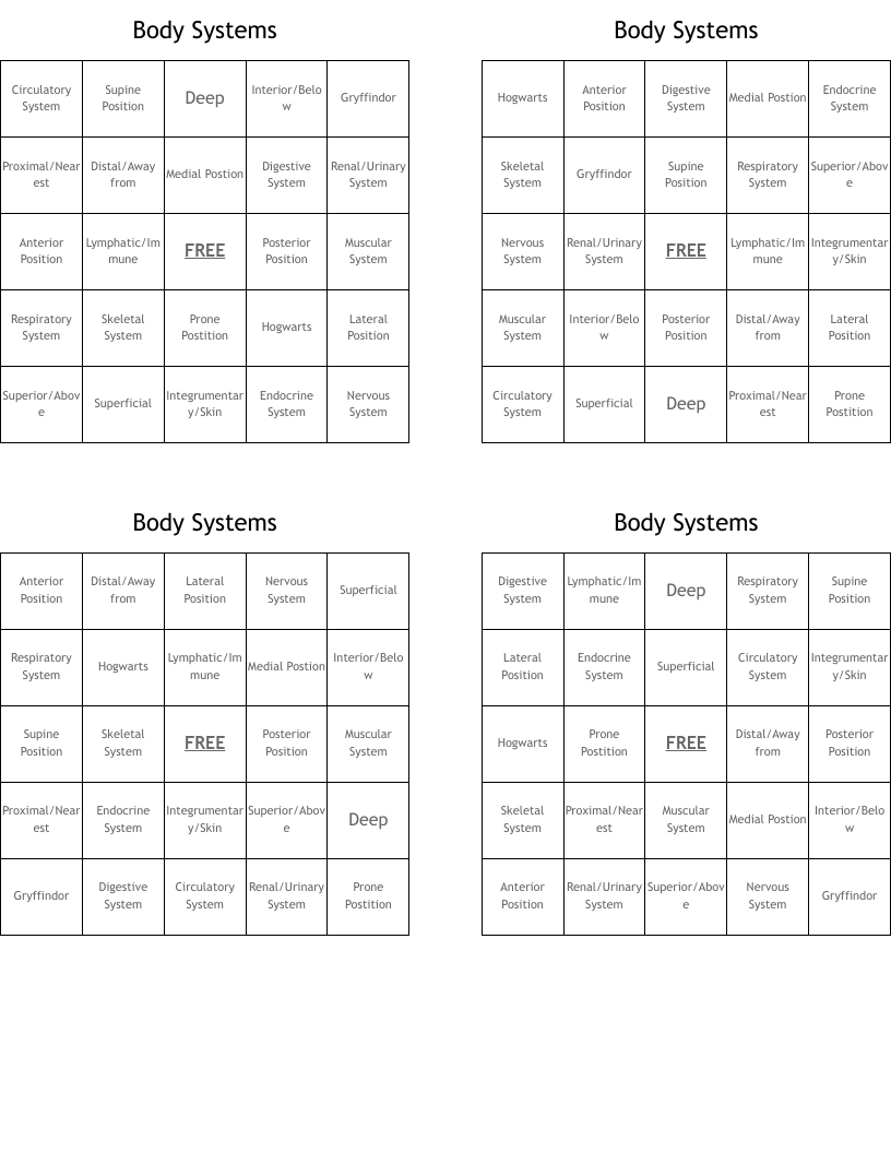 Body Systems Bingo Cards