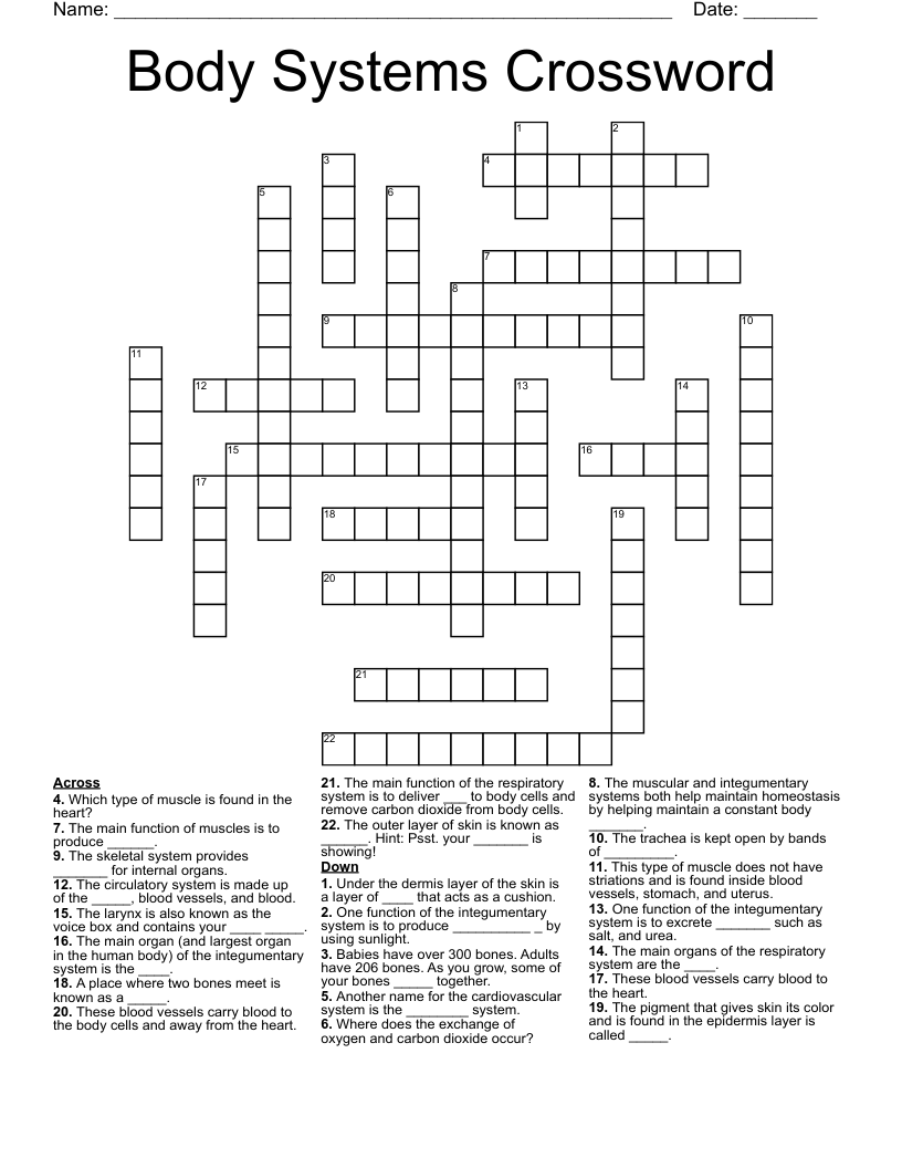 Body Systems Crossword