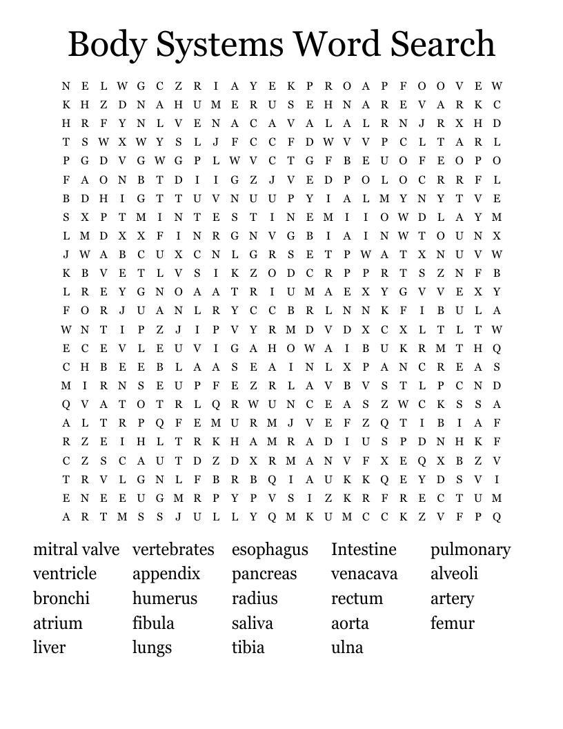 Body Systems Word Search