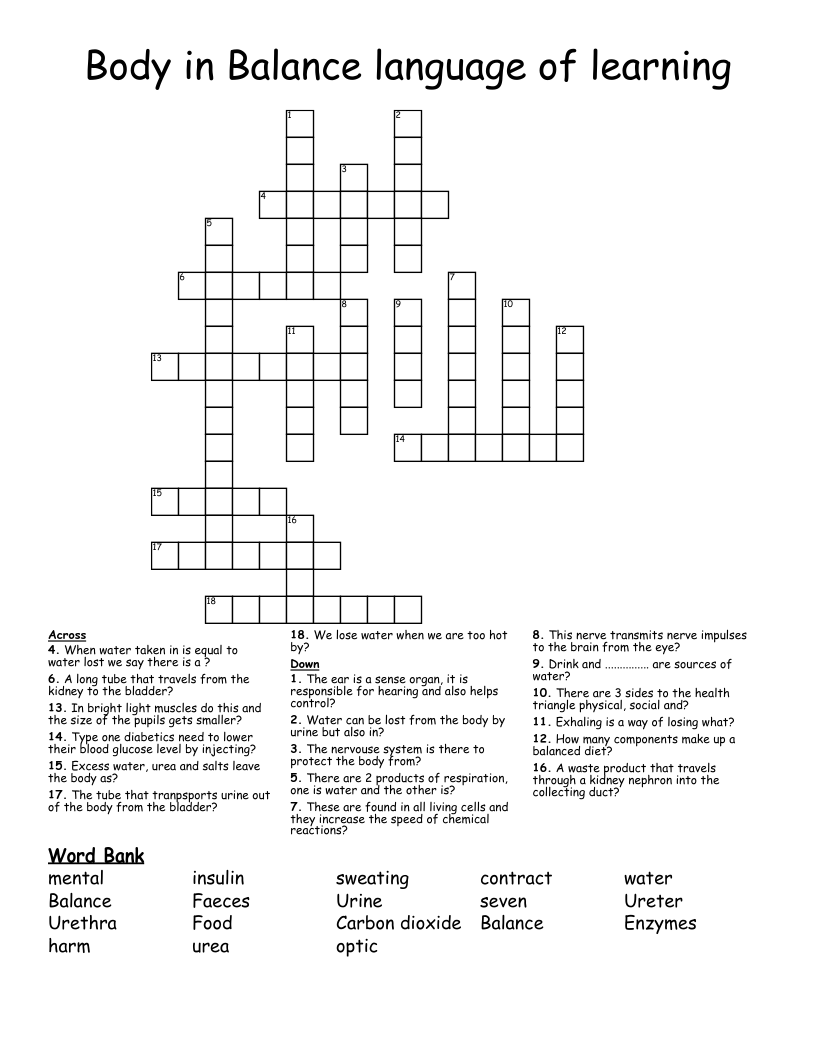 Body in Balance language of learning Crossword