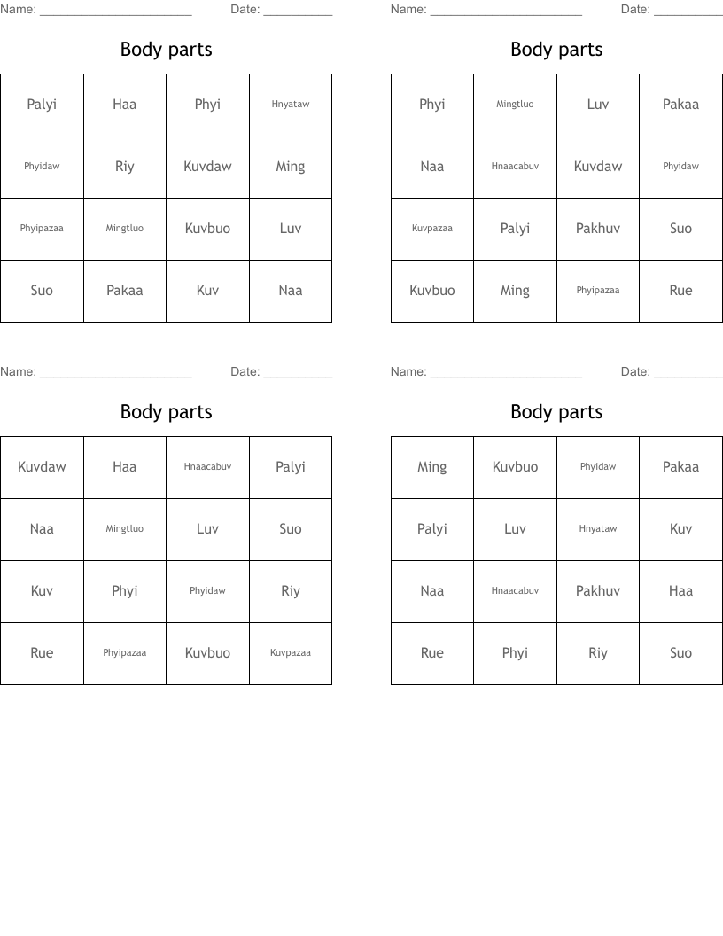 Body parts Bingo Cards
