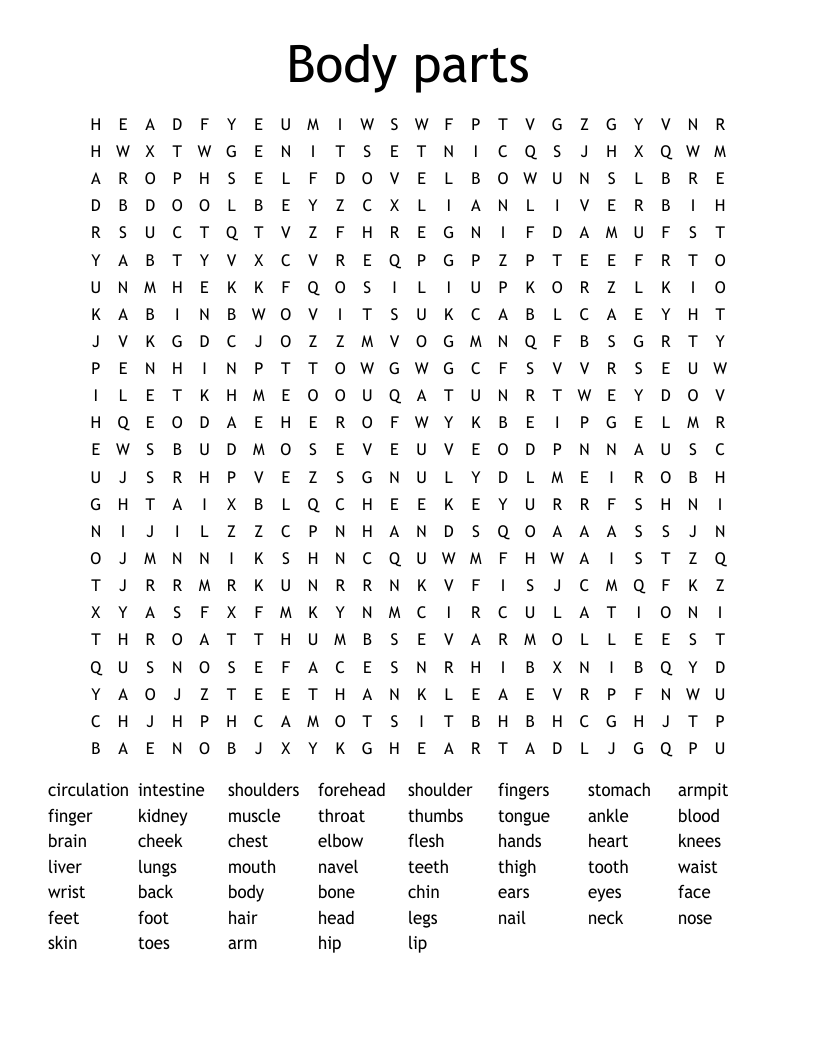 Body parts Word Search