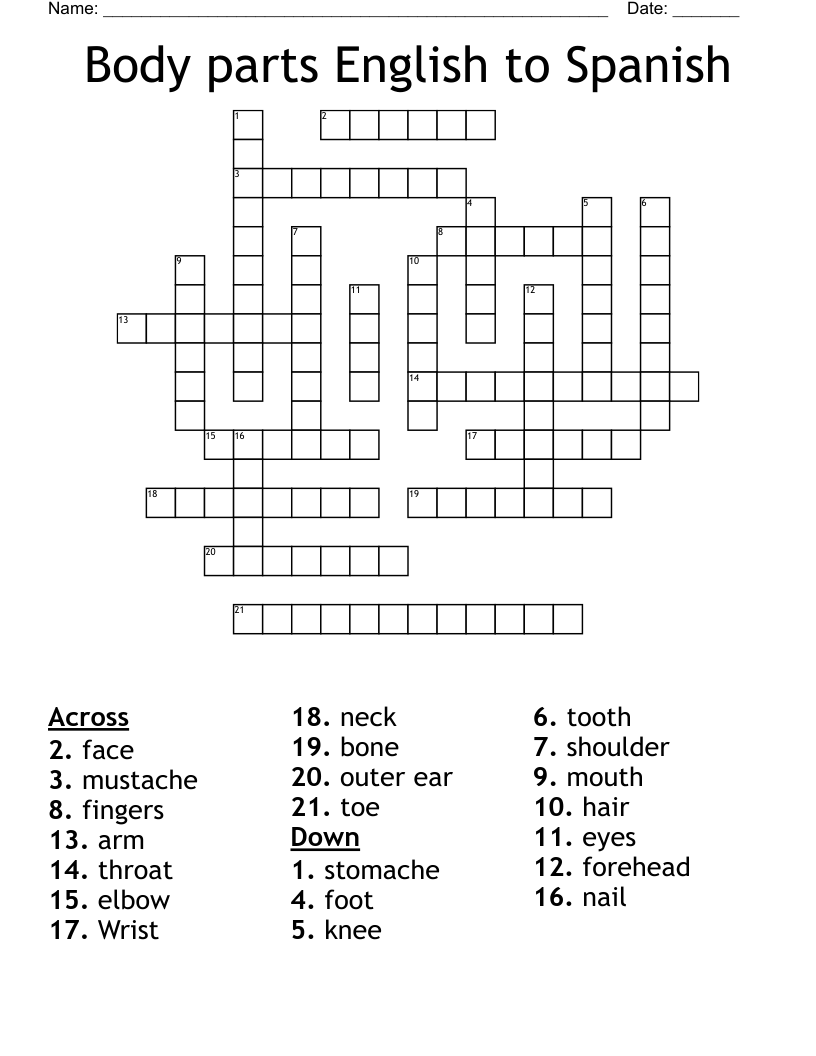 Body parts English to Spanish Crossword