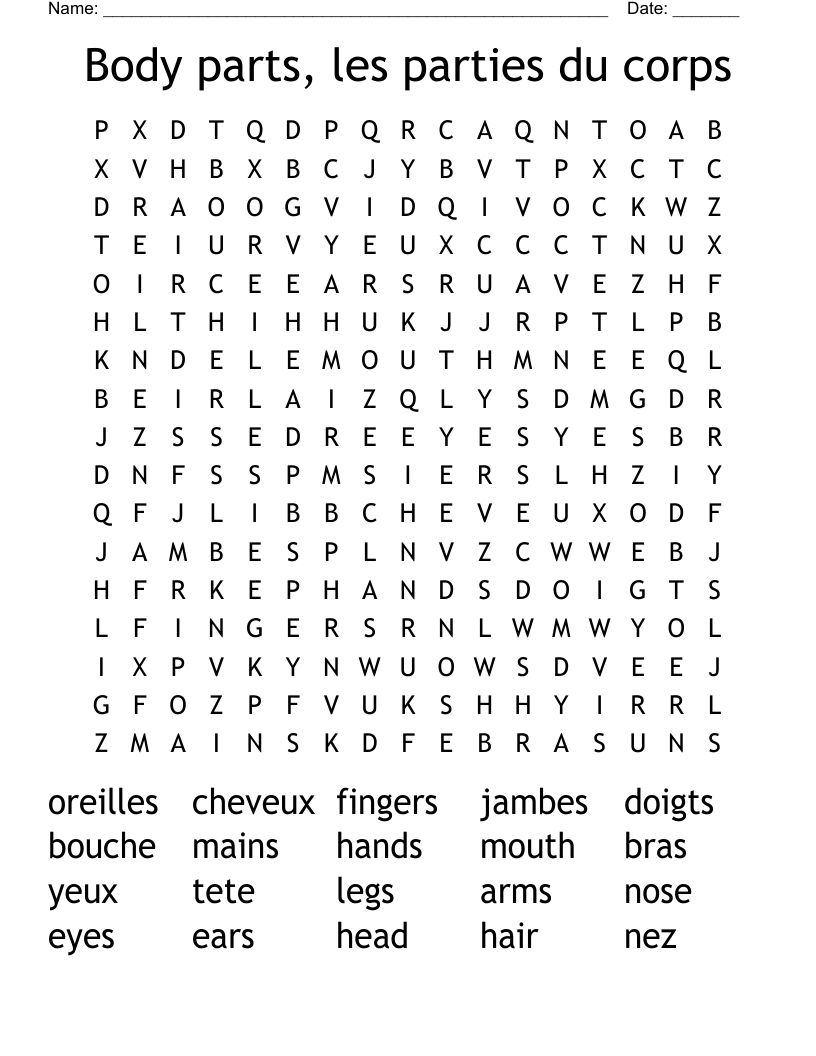 Body parts, les parties du corps Word Search