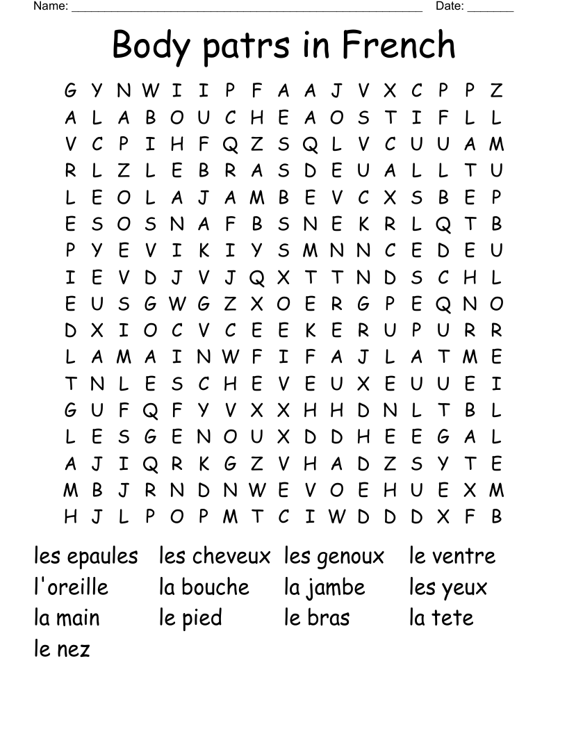 Body patrs in French Word Search