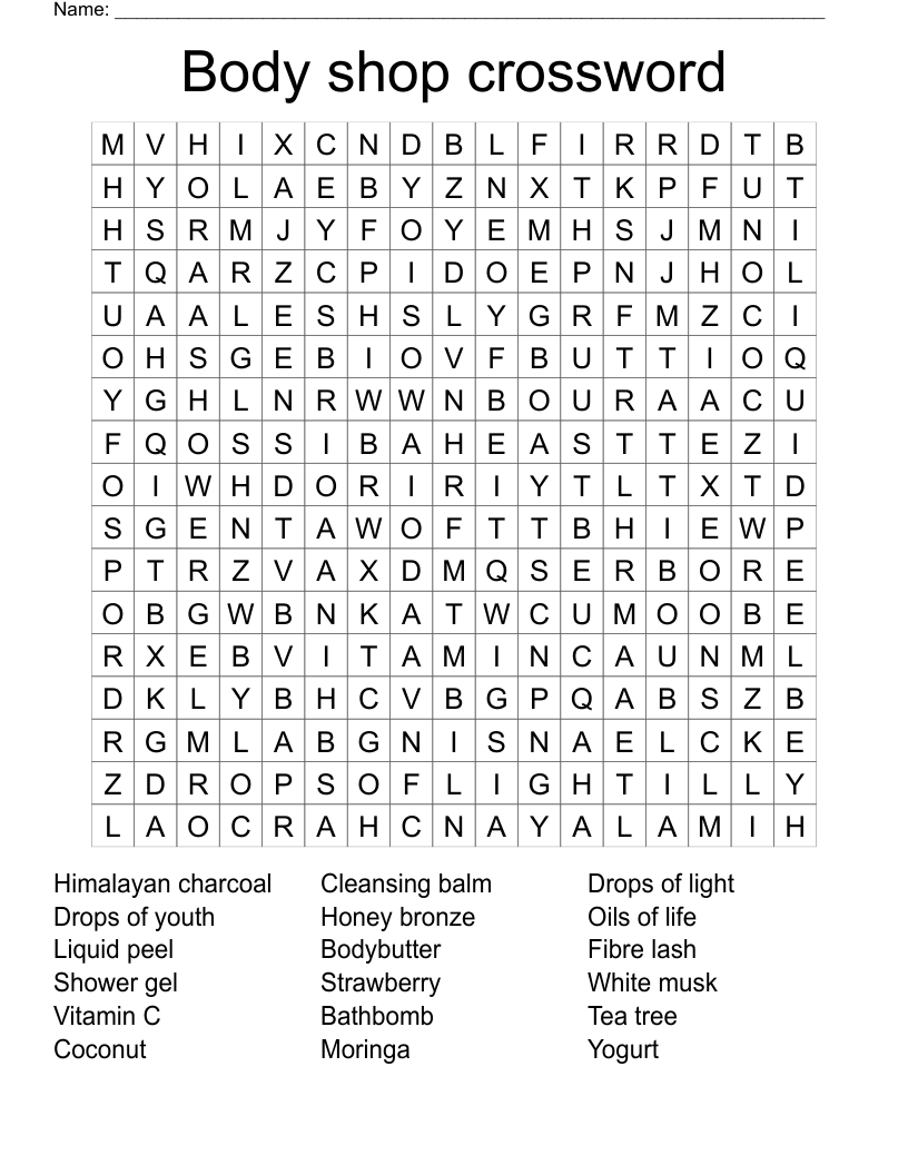 Body shop crossword Word Search