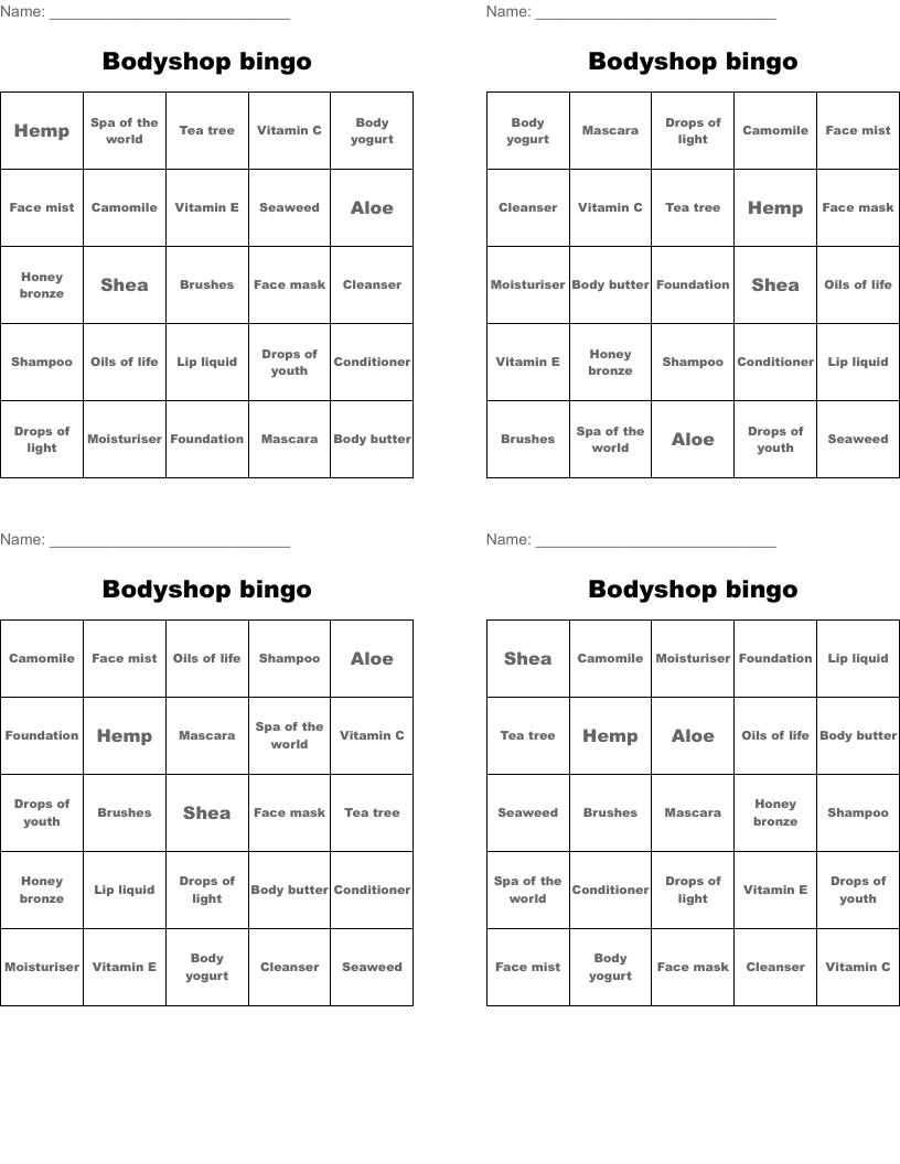 Bodyshop bingo