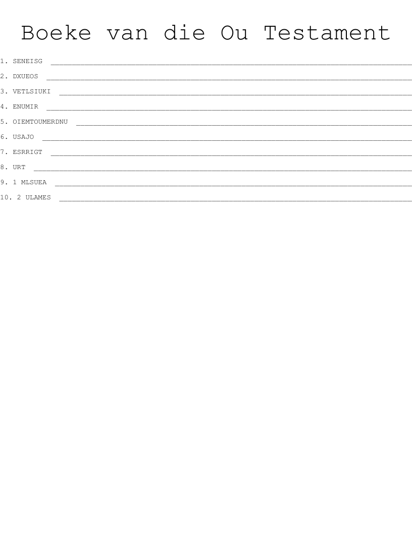 Boeke van die Ou Testament Word Scramble