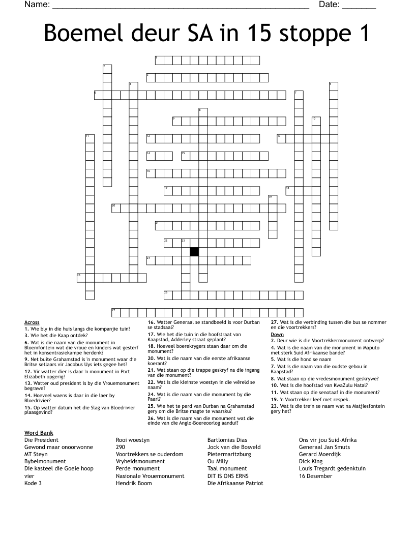 Boemel deur SA in 15 stoppe 1 Crossword