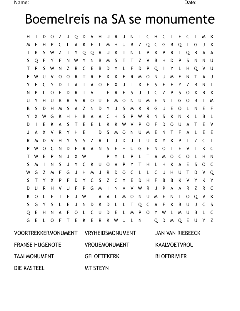 Boemelreis na SA se monumente Word Search