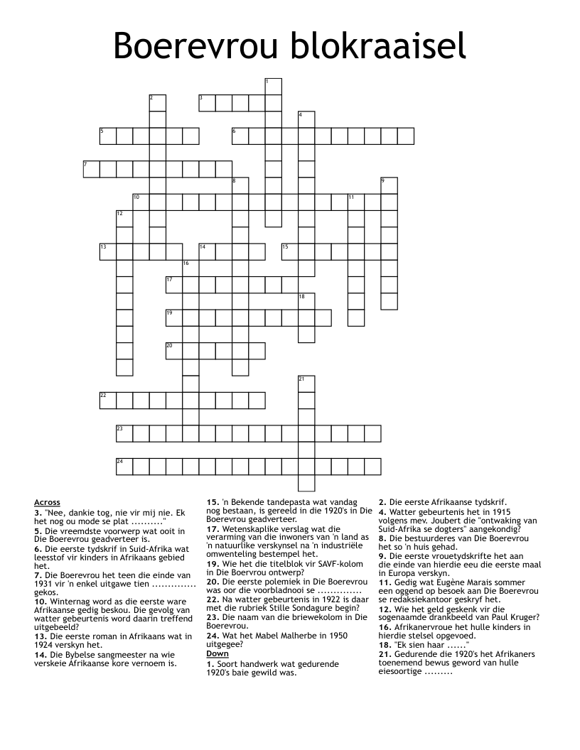 Boerevrou blokraaisel Crossword